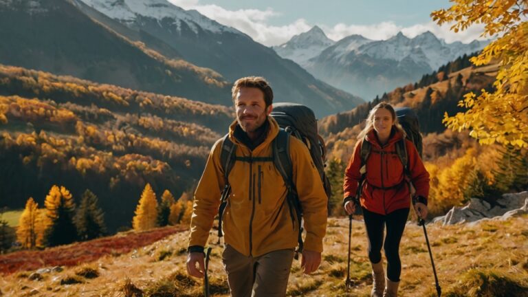 zwei menschen auf Wandertour durch die berge im Herbst